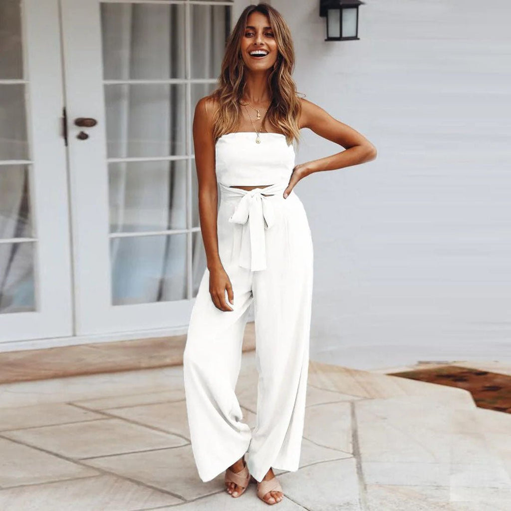 Sandy | Women's Strapless Tie Waist Wide Leg Jumpsuit