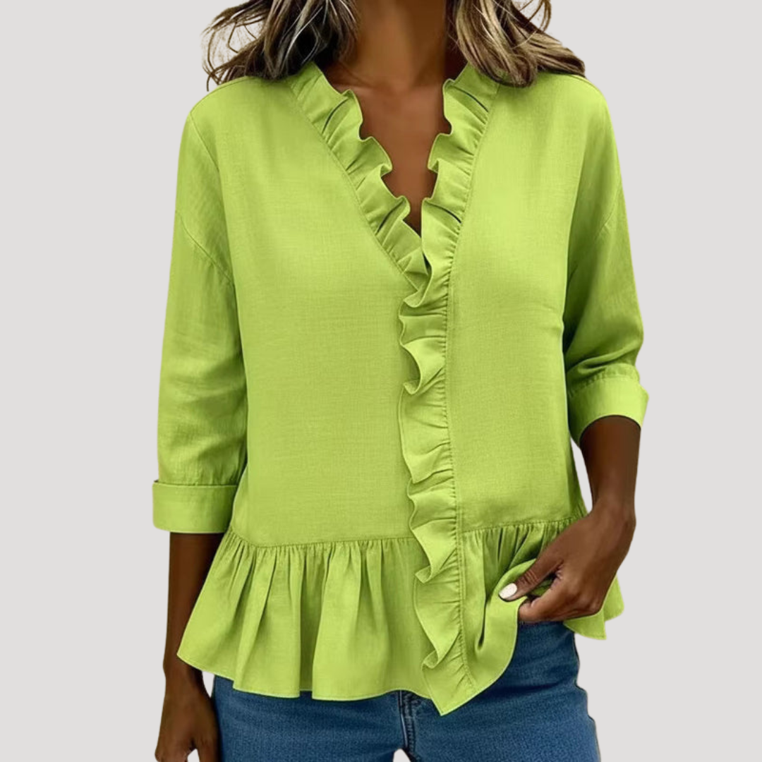 Theodora | Women's Ruffle Trim V-Neck Peplum Blouse