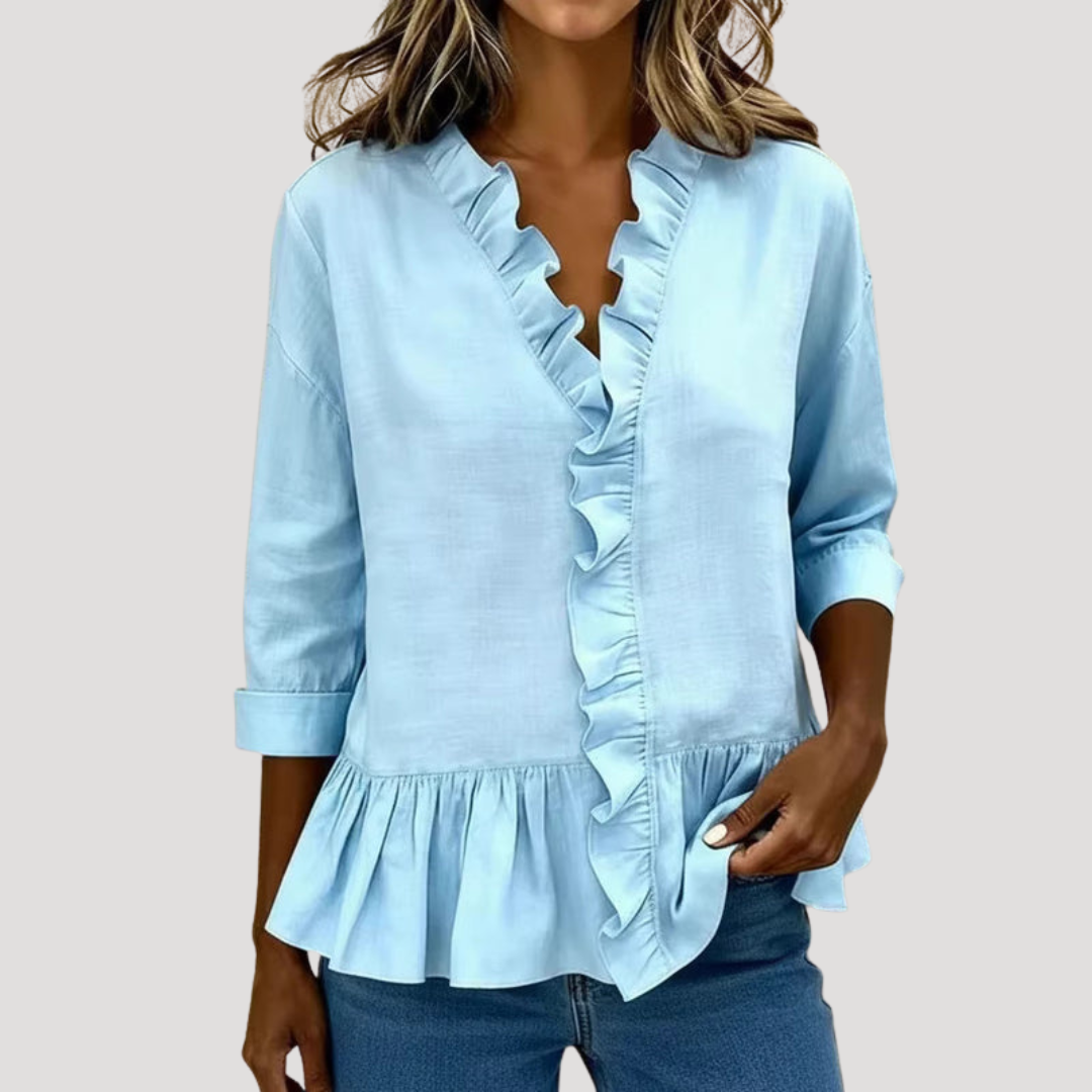 Theodora | Women's Ruffle Trim V-Neck Peplum Blouse