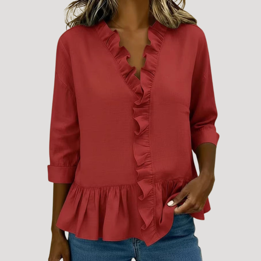 Theodora | Women's Ruffle Trim V-Neck Peplum Blouse