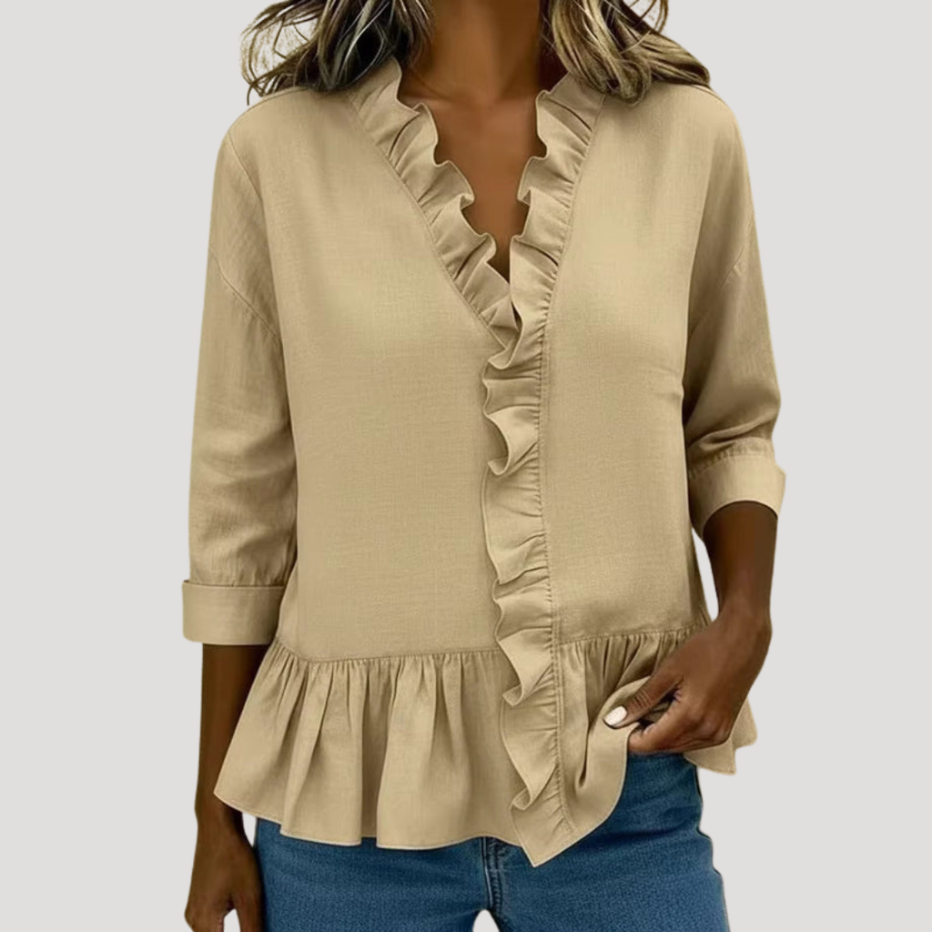 Theodora | Women's Ruffle Trim V-Neck Peplum Blouse