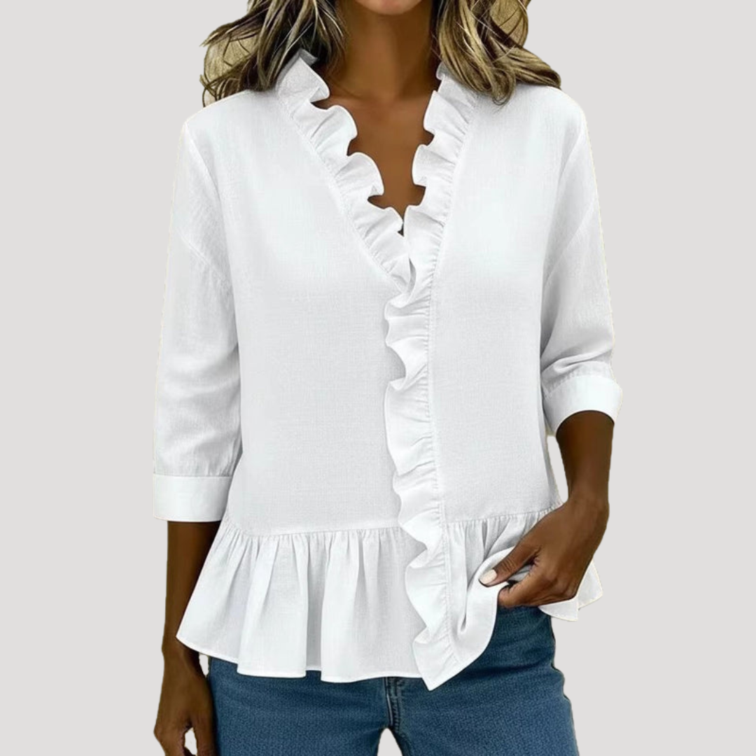 Theodora | Women's Ruffle Trim V-Neck Peplum Blouse